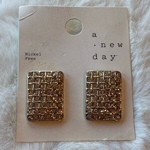 A New Day Gold Rhinestone Rectangle Stud Earrings NWT Nickel Free